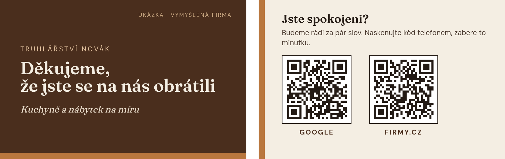 Ukázka kartičky s QR kódy na recenze: přední strana s poděkováním, zadní strana s QR kódy na Google a Firmy.cz. Vymyšlená firma Truhlářství Novák.