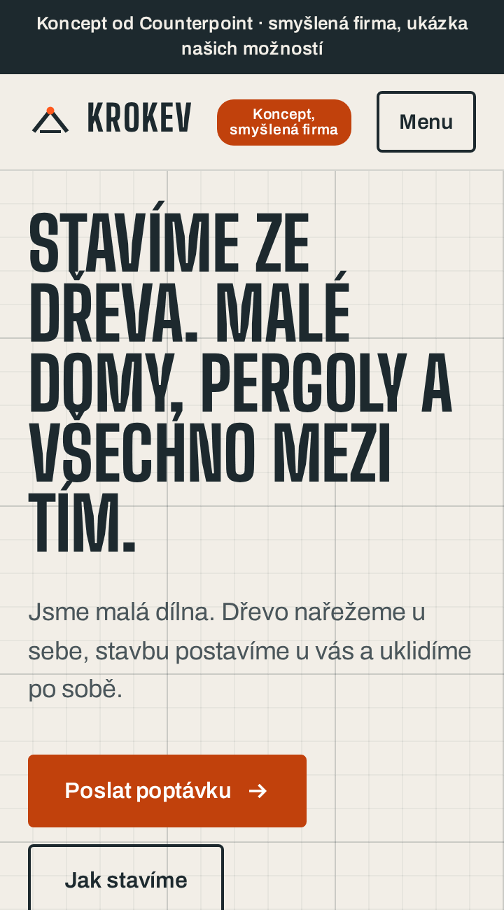 Náhled konceptu webu dřevostaveb Krokev, vymyšlená firma