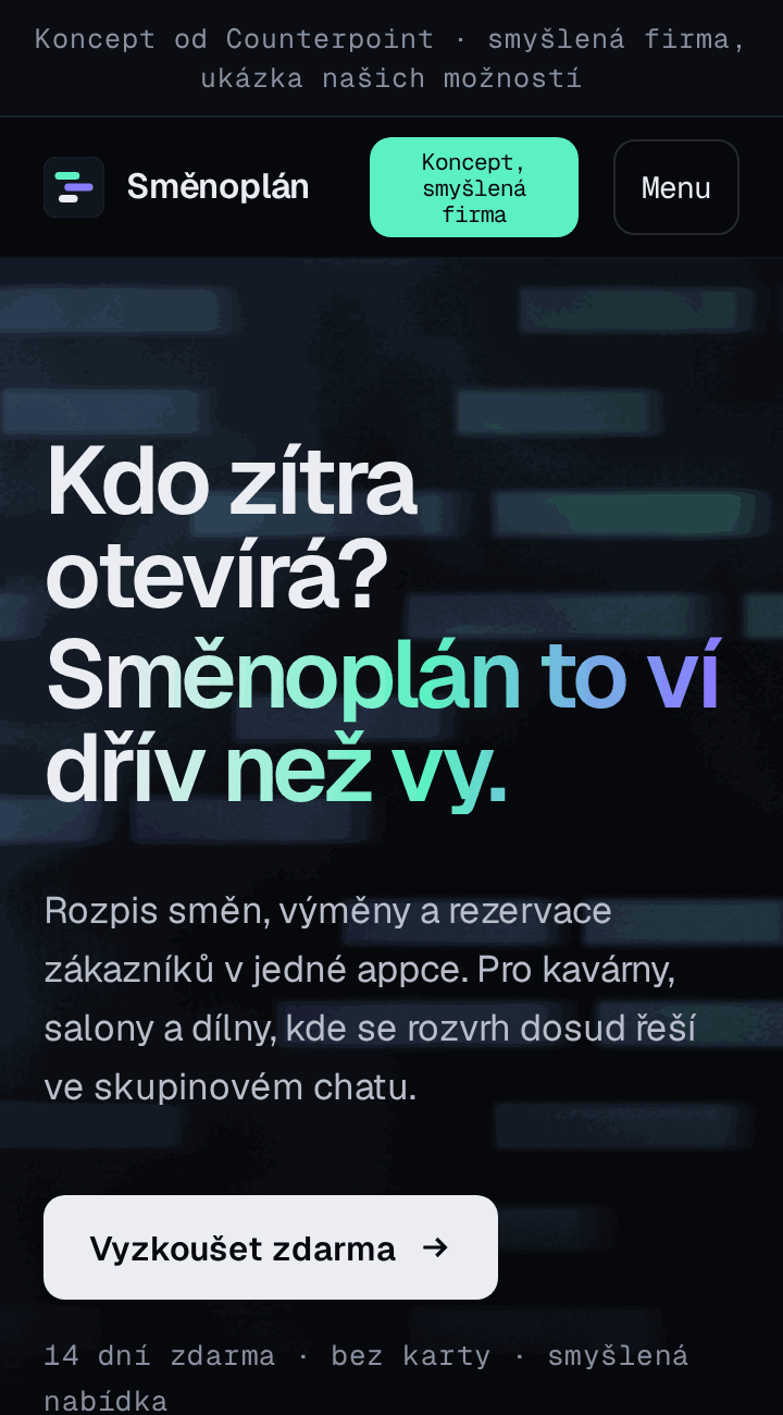 Náhled konceptu webu aplikace Směnoplán, vymyšlená firma